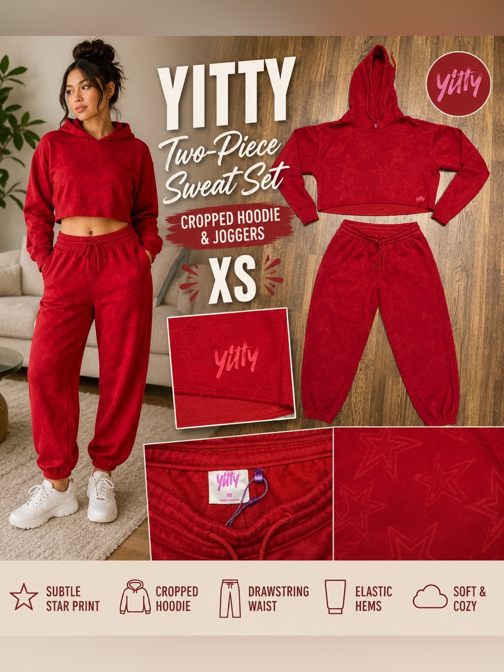 Yitty Red Star Print Cropped Hoodie & Jogger Sweat Set XS